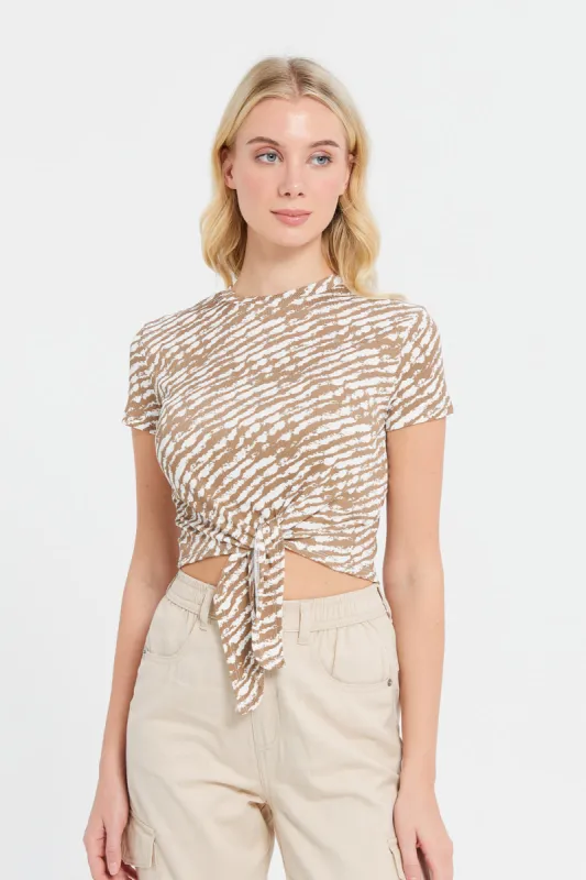 Woman Beige Printed Rib Top sold by Redtag