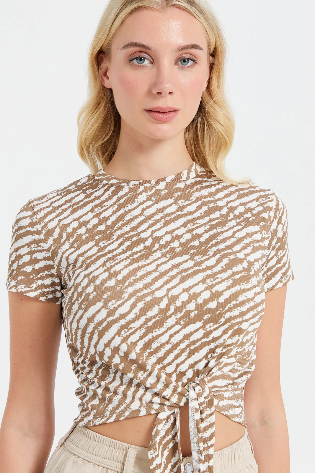Woman Beige Printed Rib Top sold by Redtag product image thumbnail 4