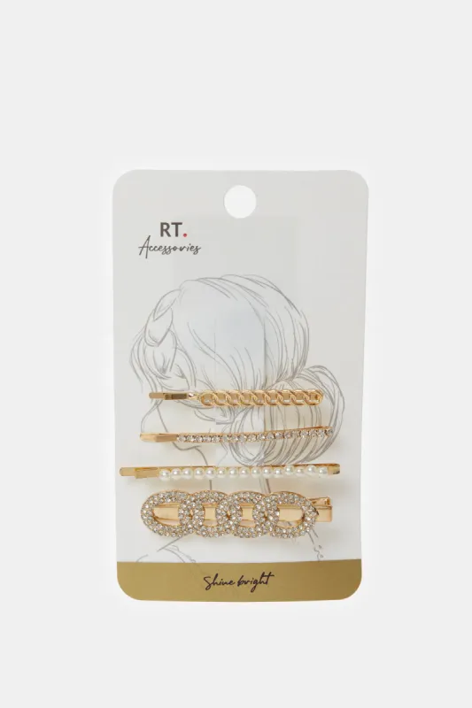 Women Gold Embellished Hair Clip Set (4 Piece) sold by Redtag