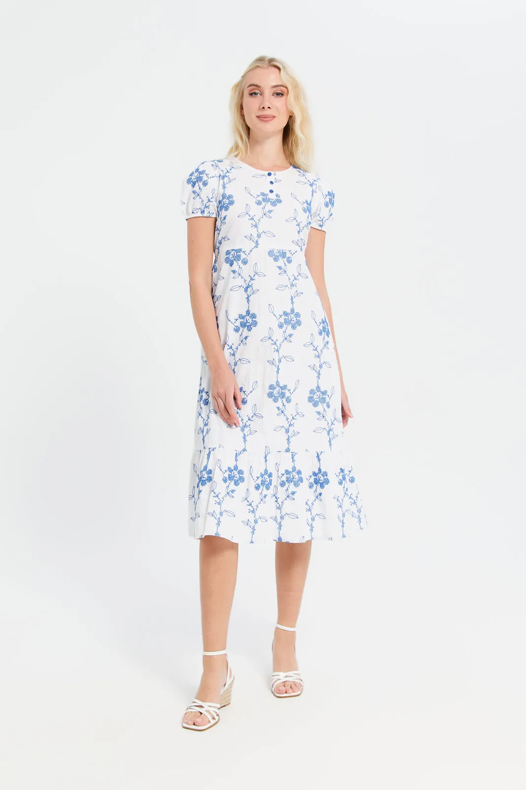 Women Blue Embroidered Long Dress sold by Redtag