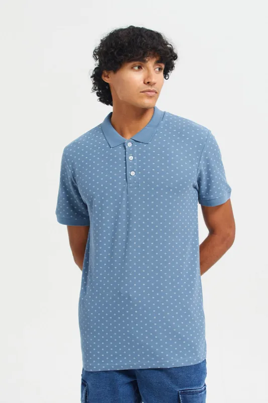 Men Blue Printed Polo T-Shirt sold by Redtag