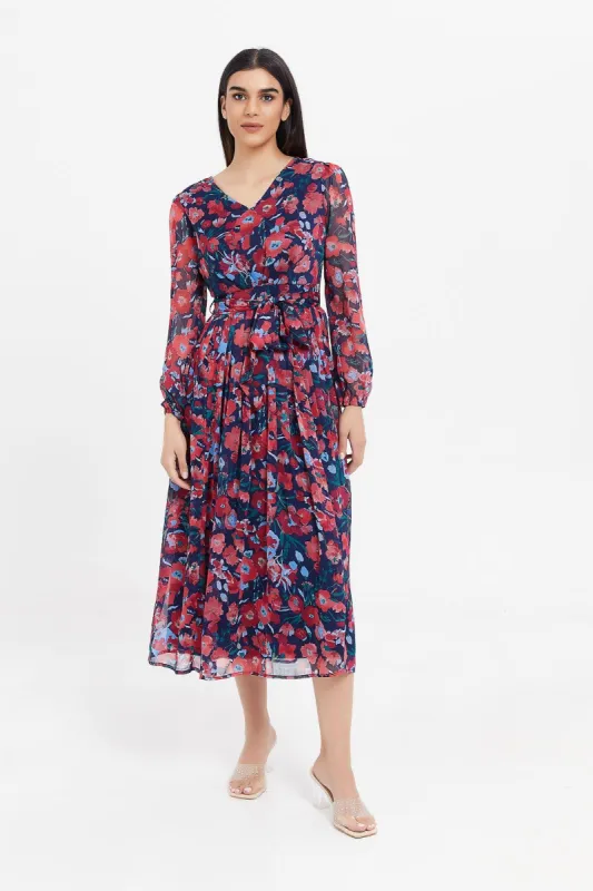 Women Navy Floral Print Belted Maxi Dress sold by Redtag