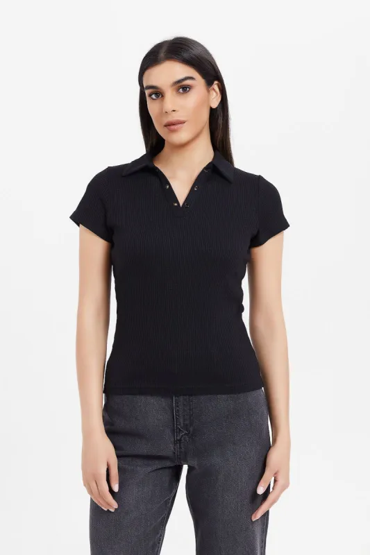 Women Black Collard Top sold by Redtag