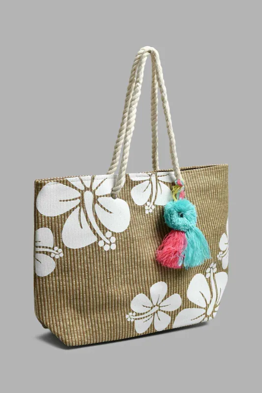 Beige Floral Print Beach Bag sold by Redtag