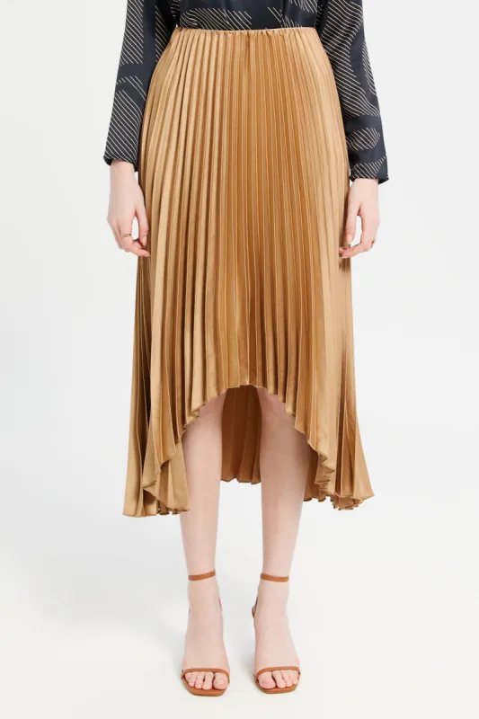 Women Beige Satin Pleated Skirt sold by Redtag