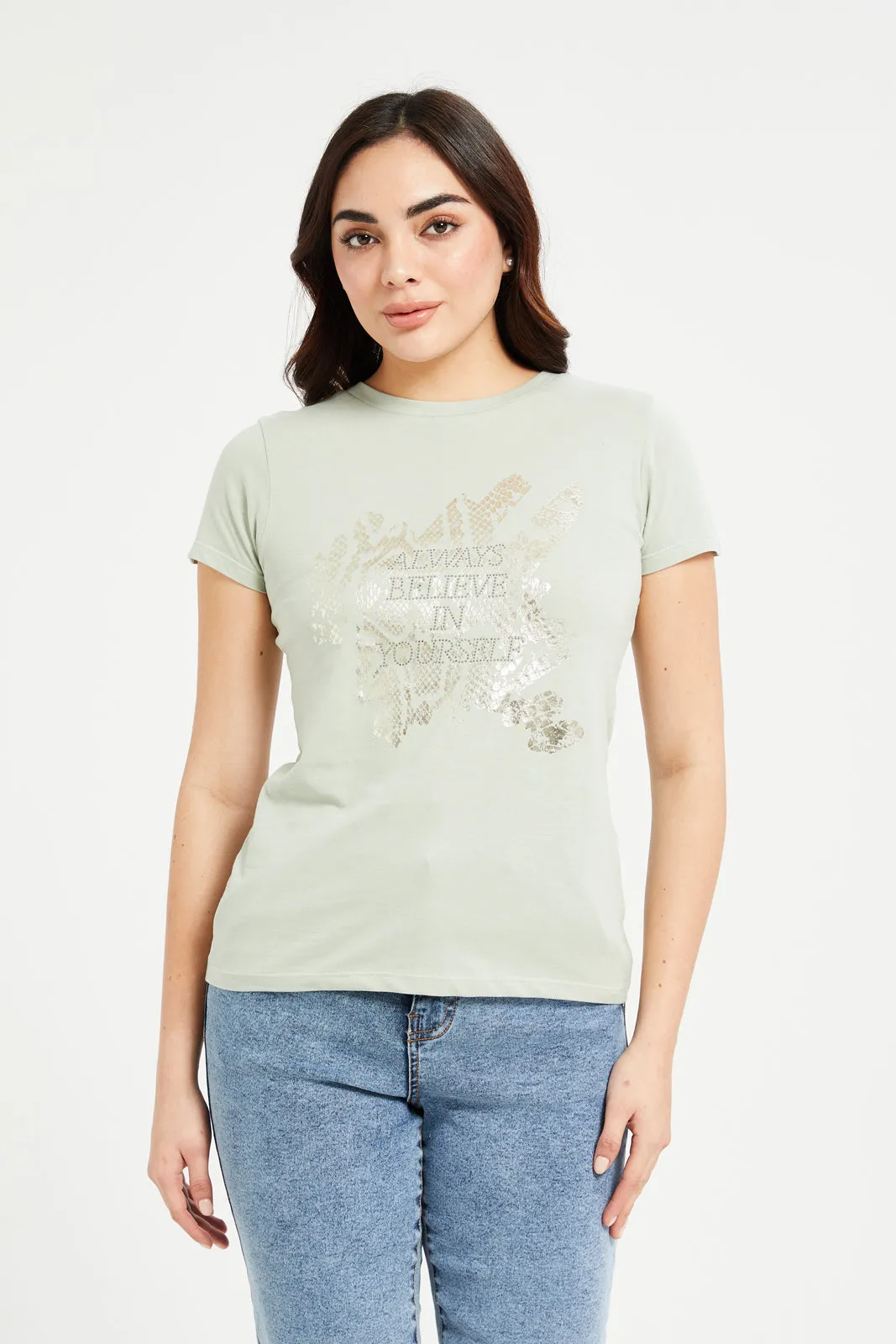 Women Green Believe Printed T-Shirt sold by Redtag