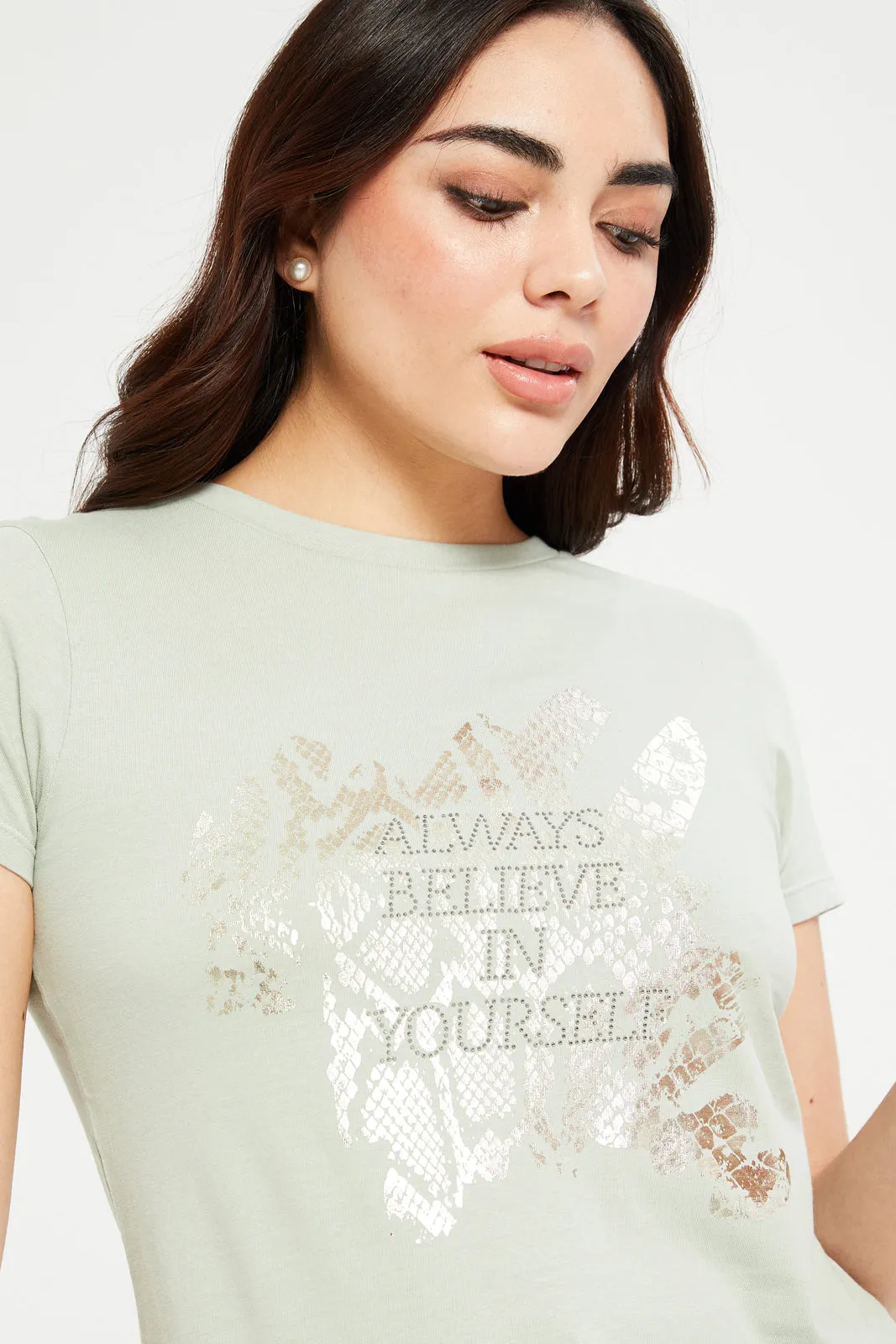 Women Green Believe Printed T-Shirt sold by Redtag product image thumbnail 4