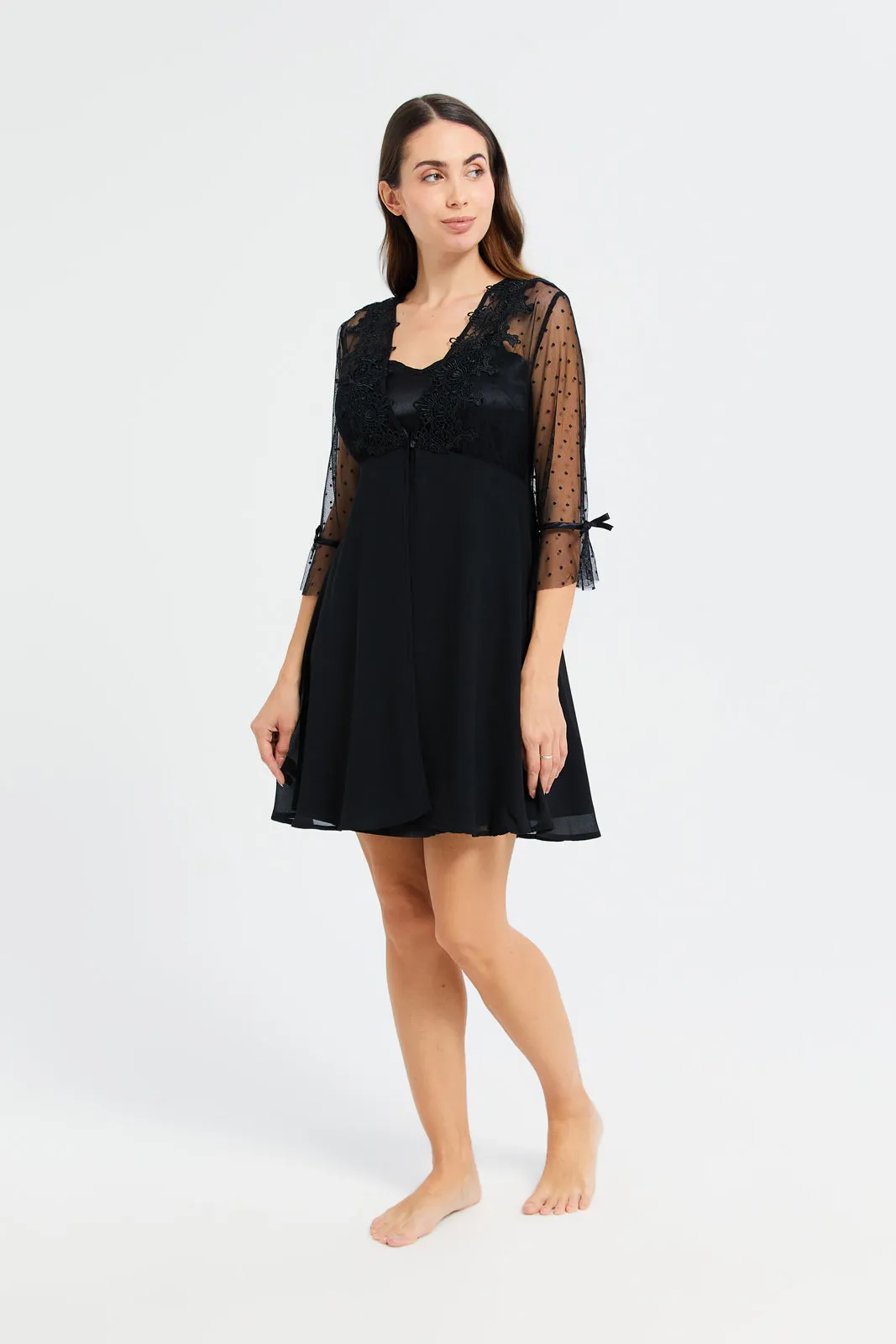 Women Black Mesh Chemise And Robe Set (2 Piece) sold by Redtag product image thumbnail 3