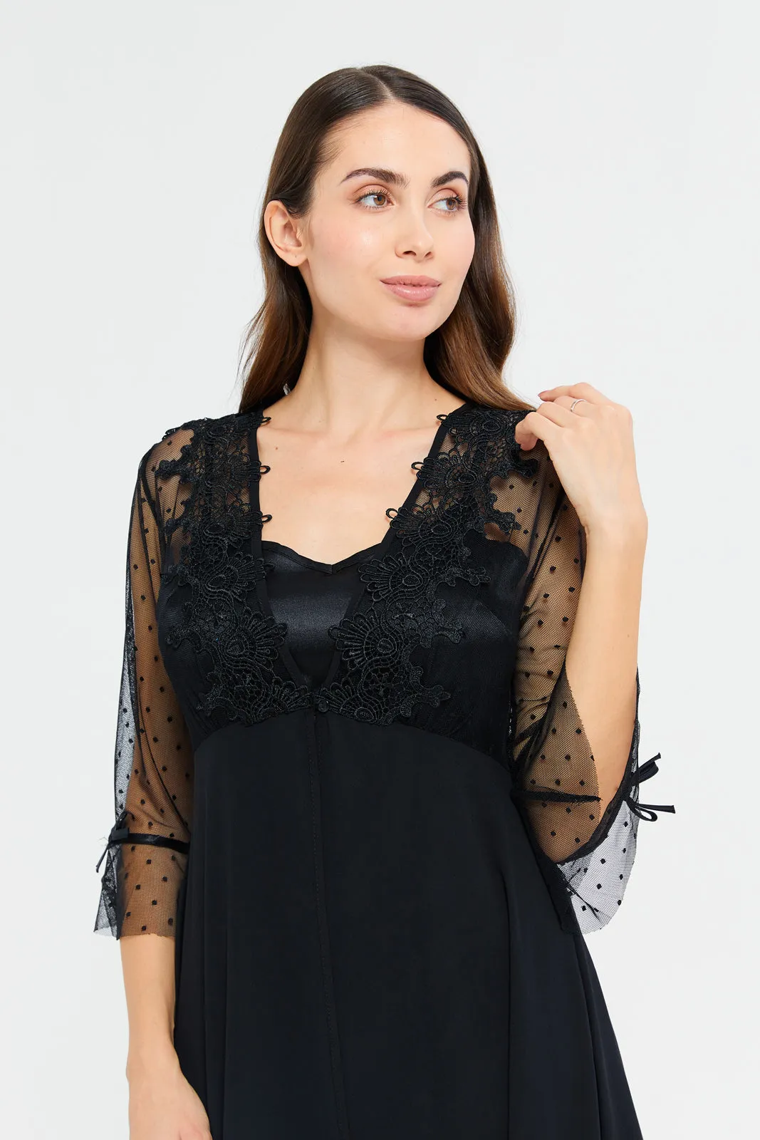 Women Black Mesh Chemise And Robe Set (2 Piece) sold by Redtag product image thumbnail 4