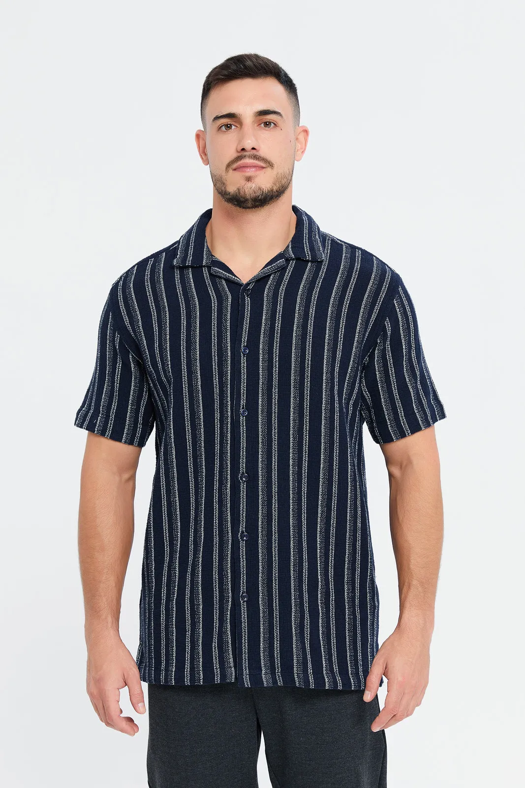 Men Black Striped Resort Shirt sold by Redtag