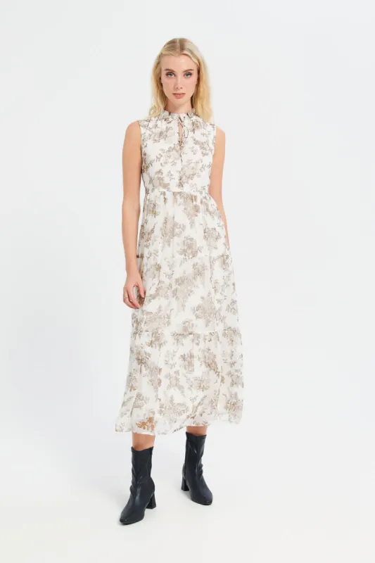 Women Beige Printed Sleeveless Dress sold by Redtag