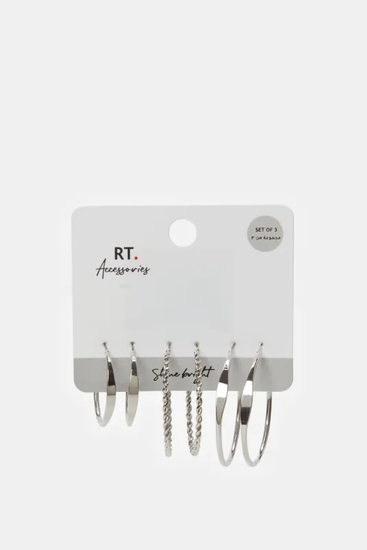 Women Silver Embellished Earrings Set (3 Pairs) sold by Redtag