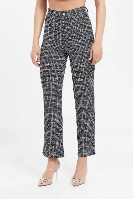 Women Black And White Textured Straight Leg Trousers sold by Redtag