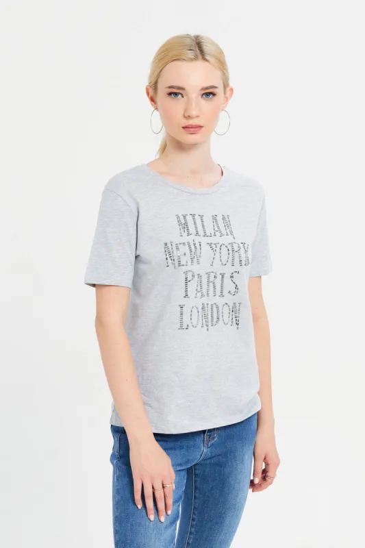 Women Grey Embellished T-Shirt sold by Redtag
