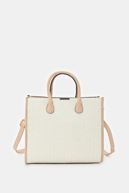 Women Beige Embossed Tote Bag sold by Redtag