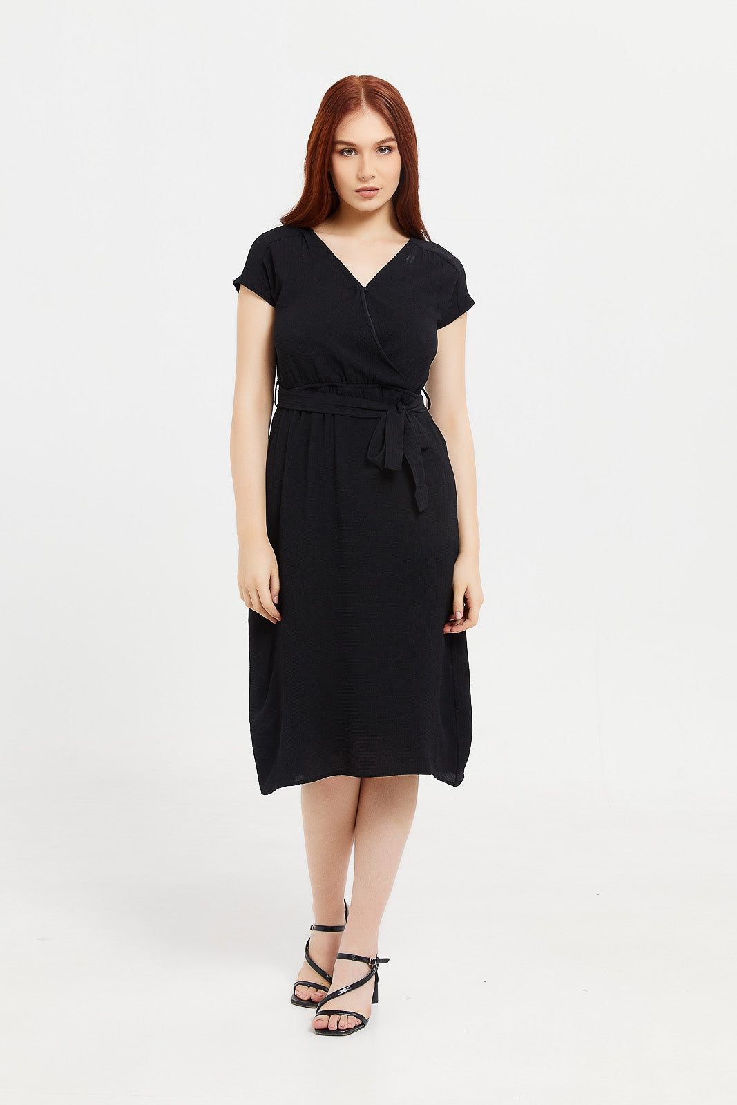 Women Black Belted Midi Wrap Dress sold by Redtag