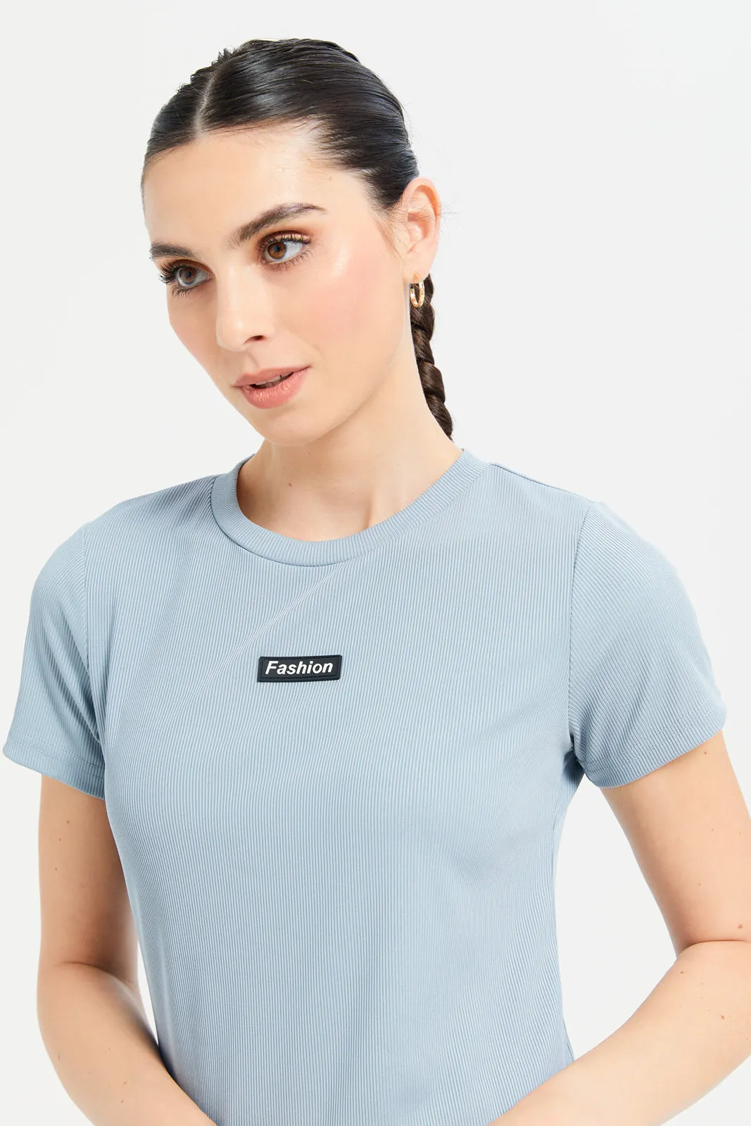 Women Blue Plain Rib T-Shirt sold by Redtag product image thumbnail 4