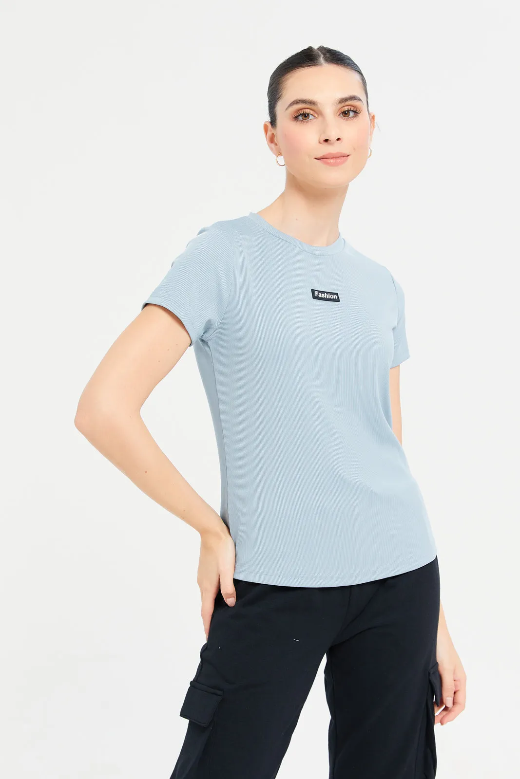 Women Blue Plain Rib T-Shirt sold by Redtag