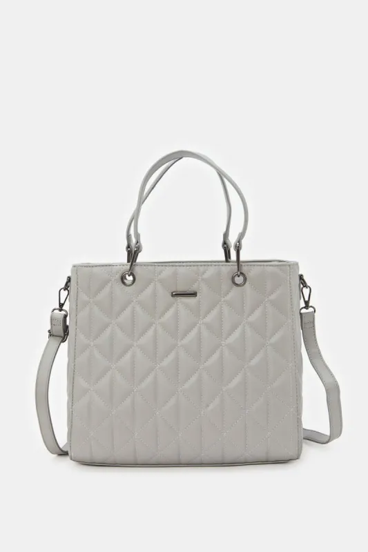 Women Grey Quilted Embellished Tote Bag sold by Redtag