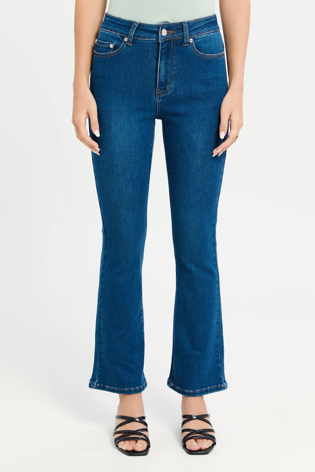 Women Blue Plain Mid Waist Flare Jeans sold by Redtag