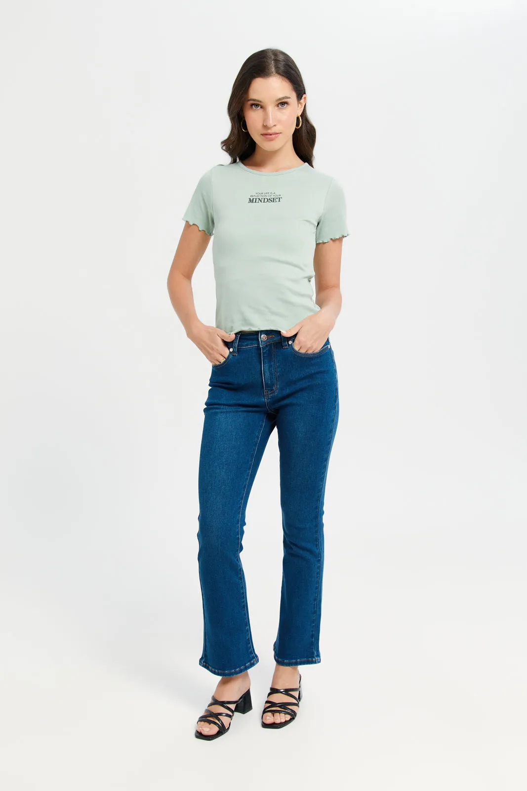 Women Blue Plain Mid Waist Flare Jeans sold by Redtag product image thumbnail 2