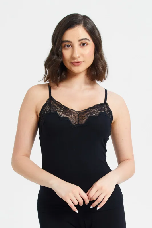 Women Black Strappy Lace Vest sold by Redtag