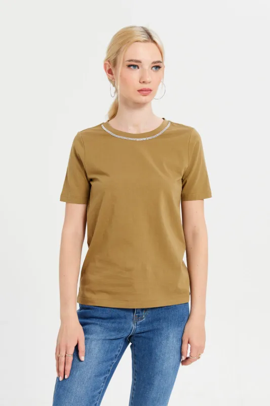 Women Embellished Beige Neck Trim Detail Top sold by Redtag