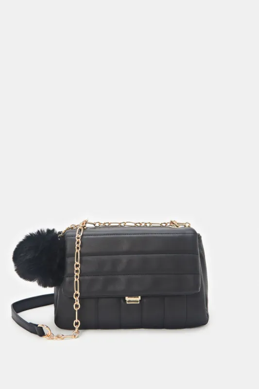 Women Black Cross Body Bag With Pom Pom sold by Redtag