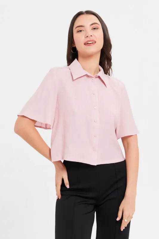 Women Pink Textured Collared Boxy Shirt sold by Redtag