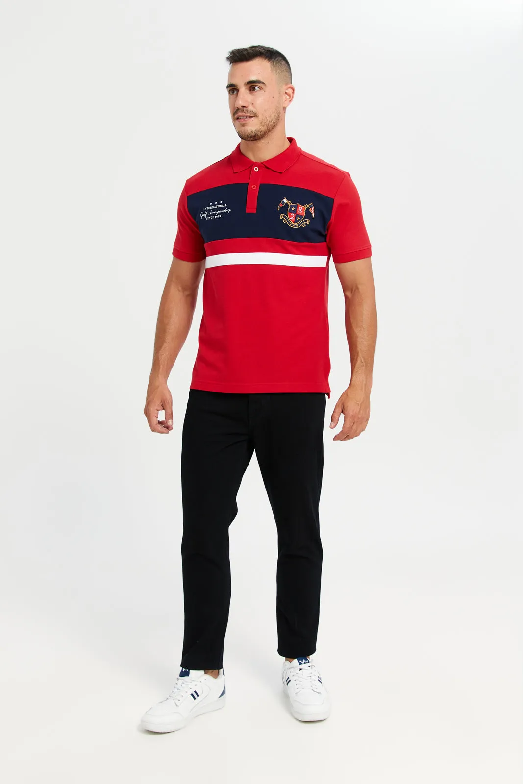 Men Red Printed Short Sleeve Polo T-Shirt sold by Redtag product image thumbnail 4