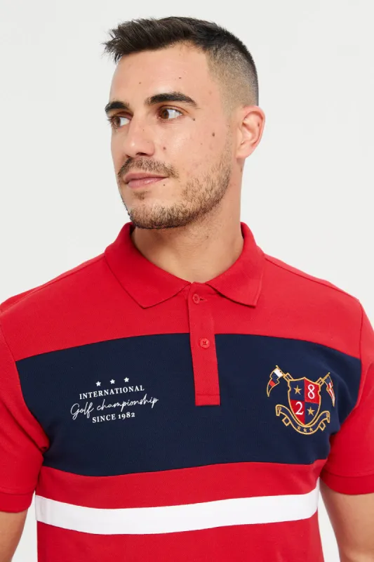 Men Red Printed Short Sleeve Polo T-Shirt sold by Redtag