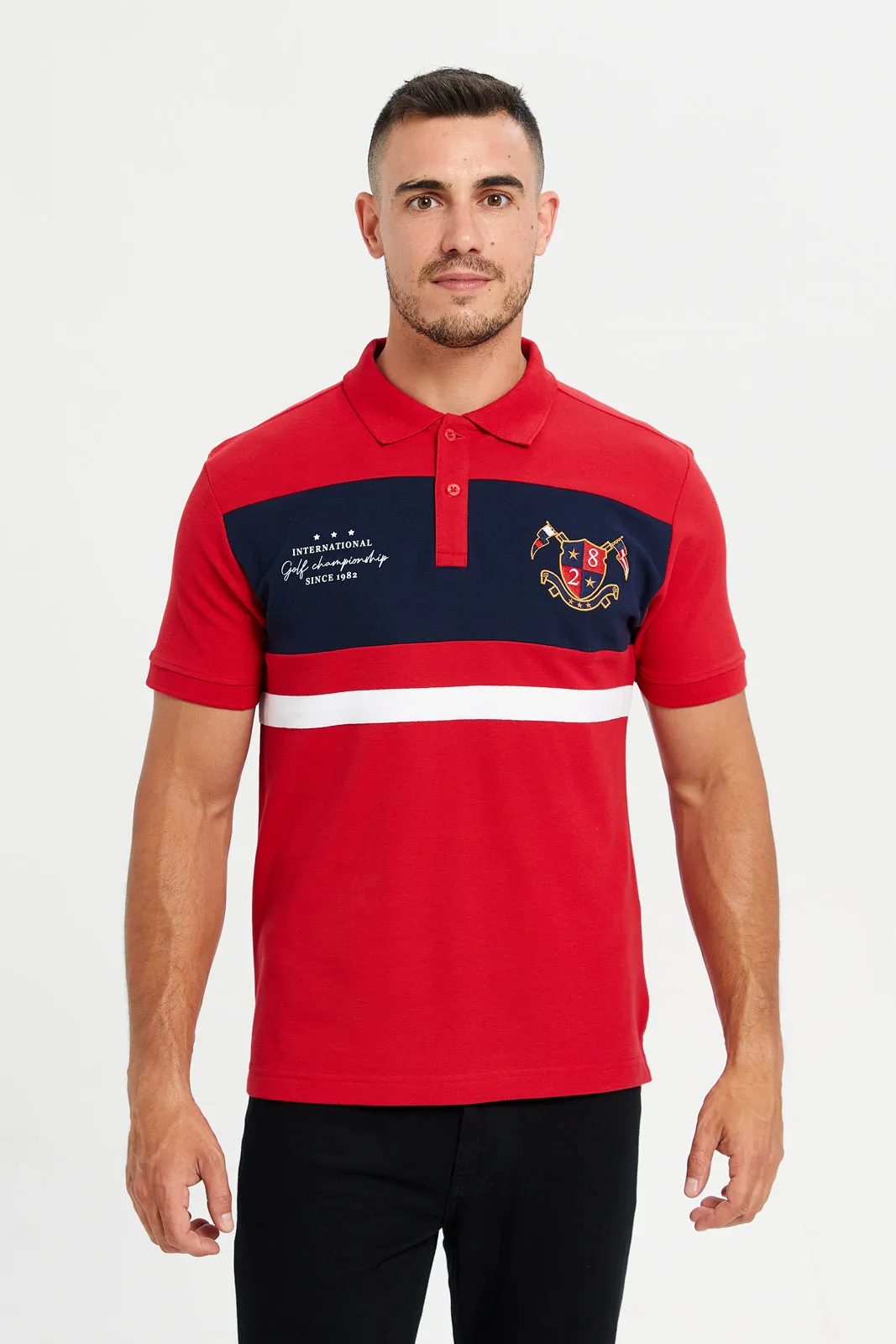 Men Red Printed Short Sleeve Polo T-Shirt sold by Redtag product image thumbnail 3