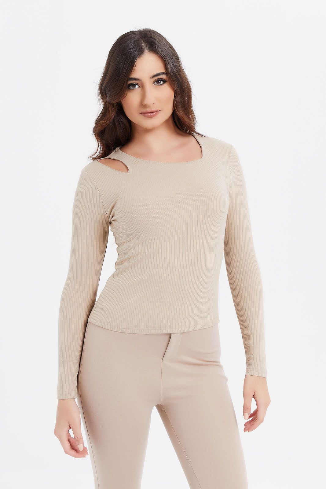 Women Beige Ribbed Top sold by Redtag
