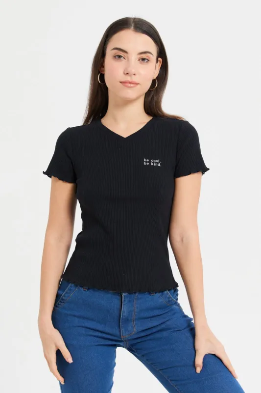 Women Black Ribbed T-Shirt sold by Redtag