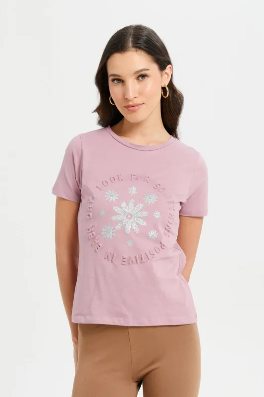 Women Mauve Positive Embossed T-Shirt sold by Redtag