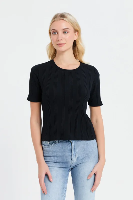 Women Black Ribbed T-Shirt sold by Redtag