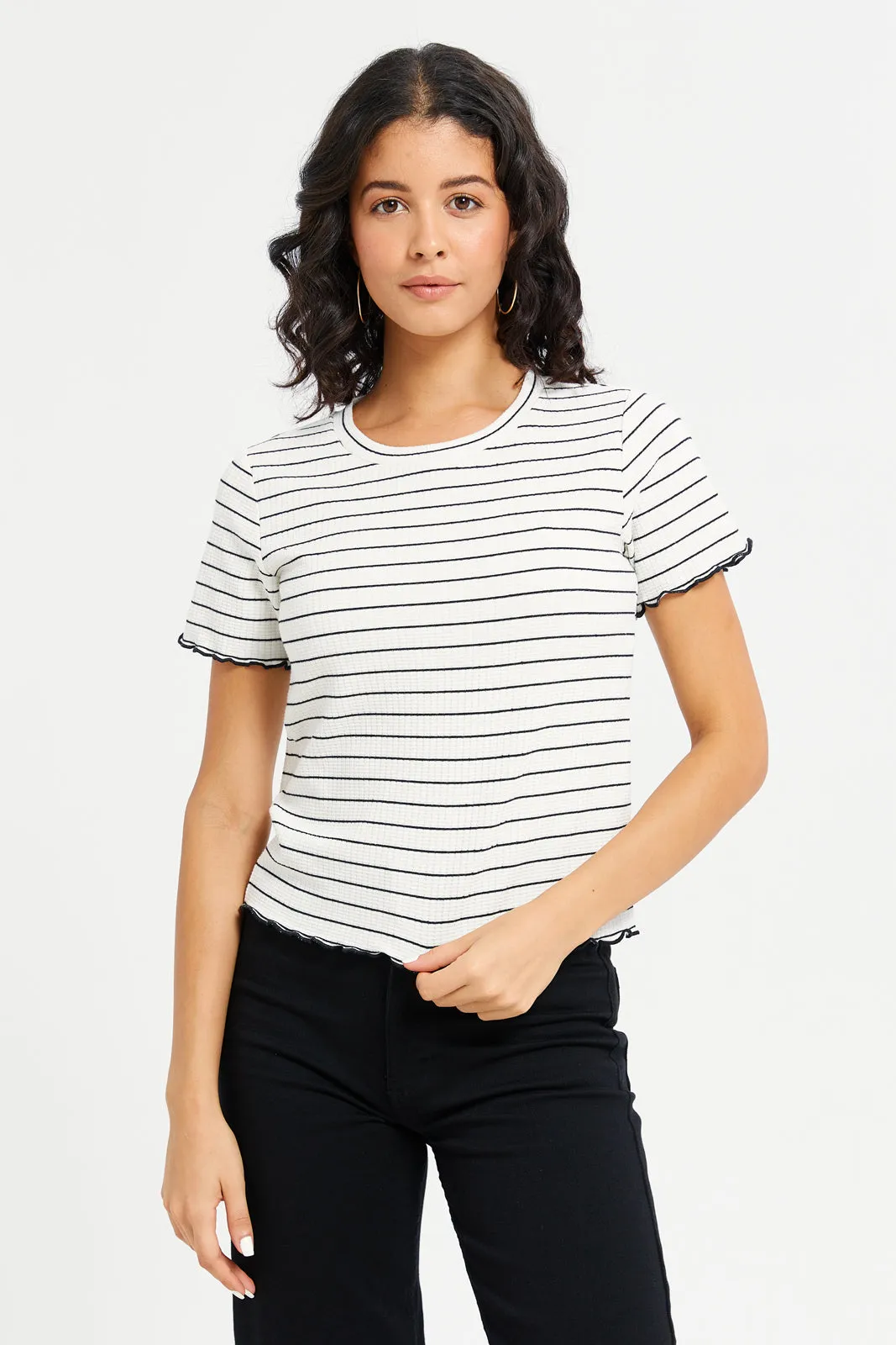 Women White Stripe Rib T-Shirt sold by Redtag
