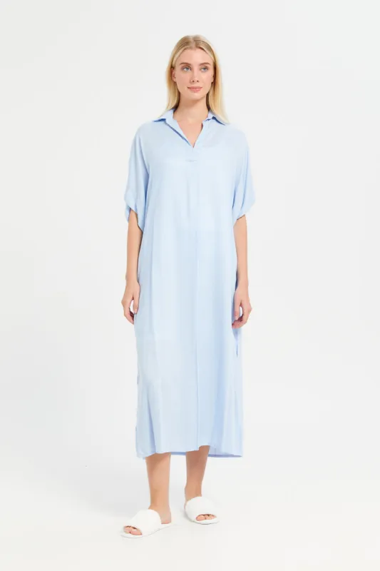 Women Blue Solid Collared Nightgown sold by Redtag