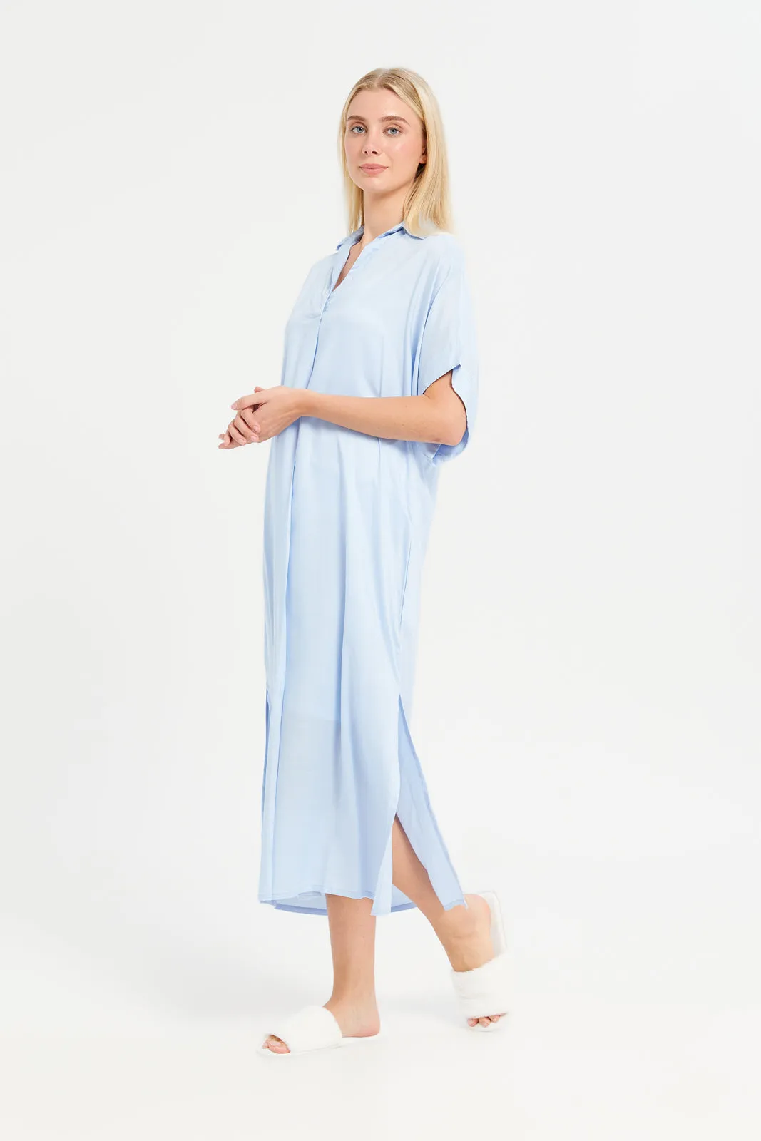 Women Blue Solid Collared Nightgown sold by Redtag product image thumbnail 4