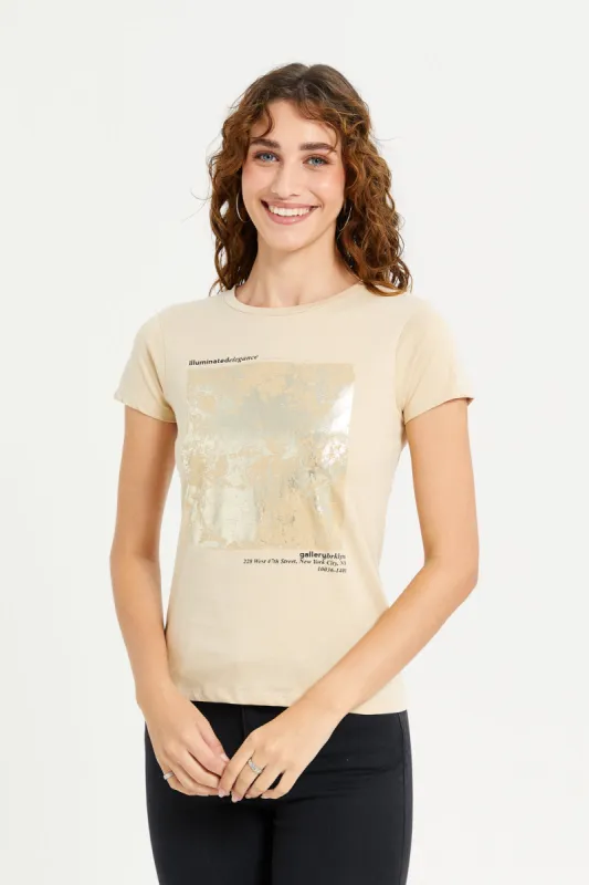 Women Beige Foil Printed T-Shirt sold by Redtag