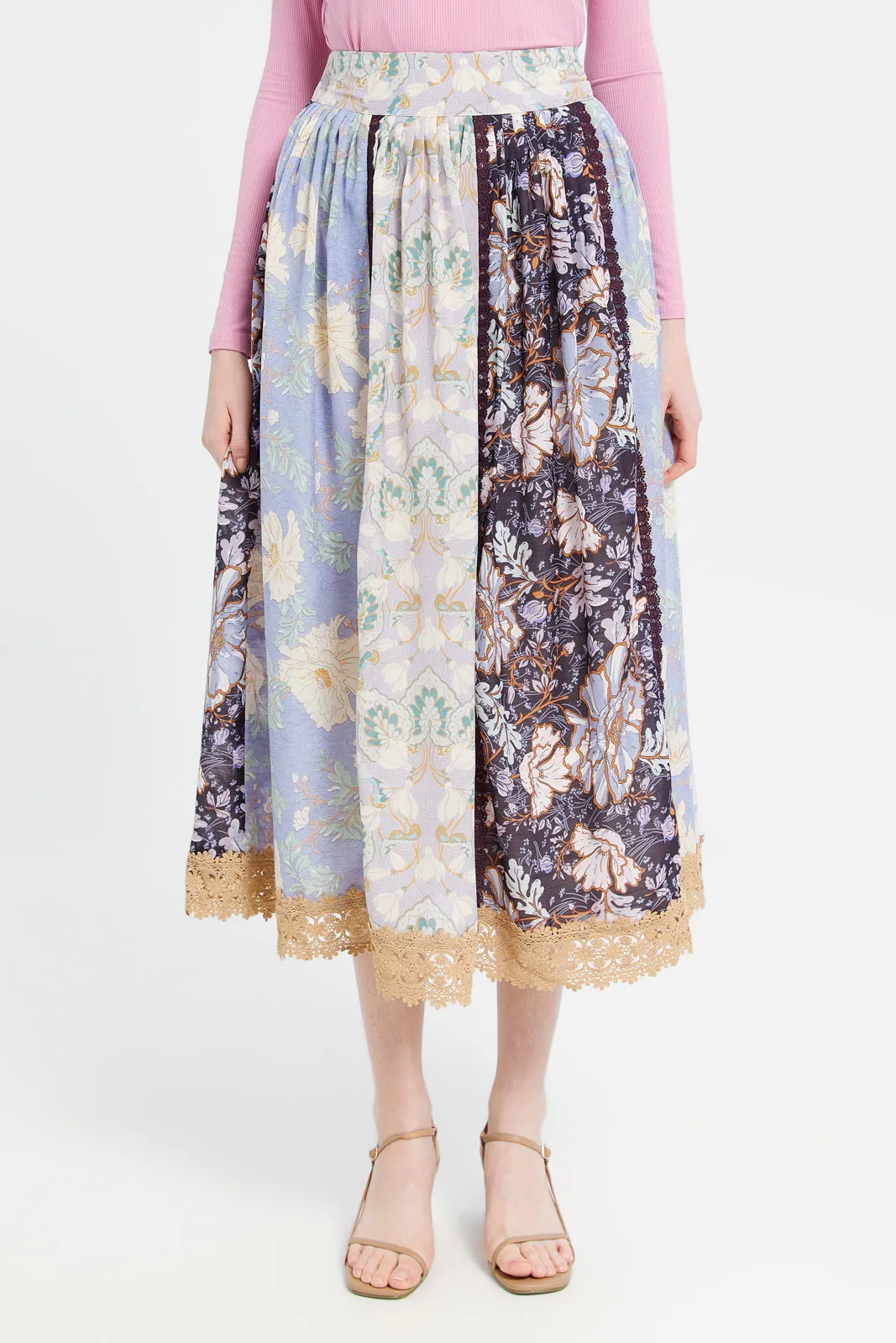 Women Blue Printed Gathered Skirt sold by Redtag