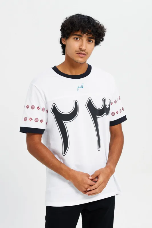 Men White Arab Varscity T-Shirt sold by Redtag