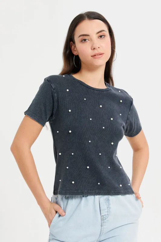 Women Charcoal Embellished T-Shirt sold by Redtag