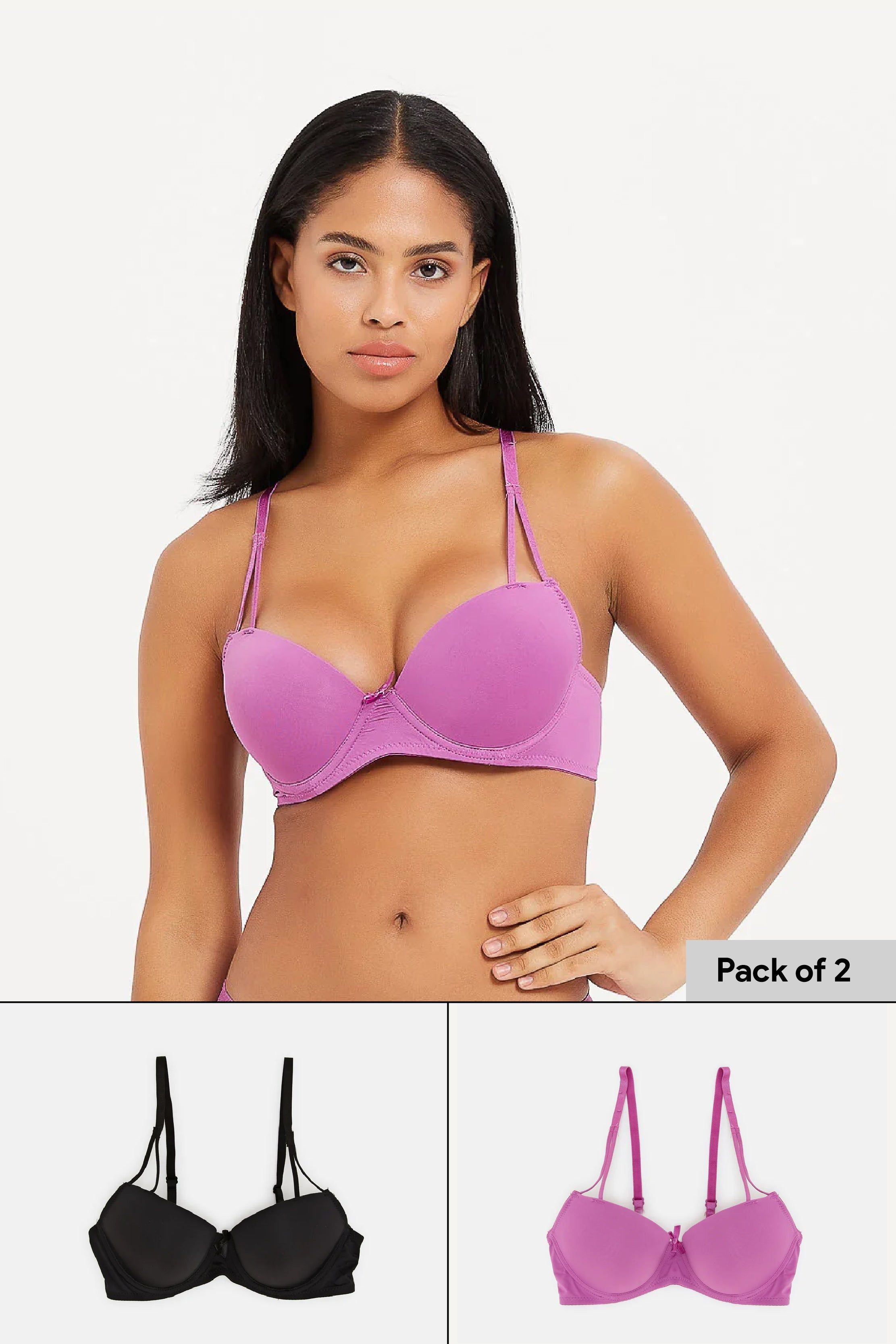 Women Purple And Black 2 Pack T-Shirt Bra Set (Pack of 2) sold by Redtag