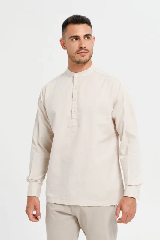 Men Beige Linen Blend Henley Collar Shirt sold by Redtag