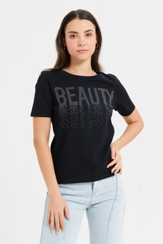 Women Black Beauty Embellished T-Shirt sold by Redtag