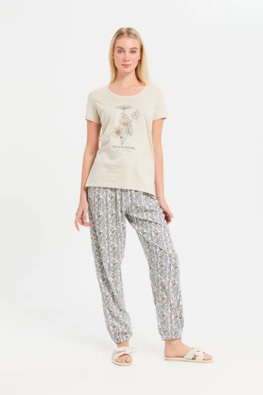 Women Beige And White Printed Pajama Set (2 Piece) sold by Redtag