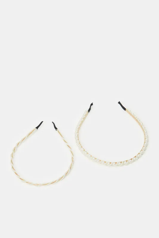 Women White And Gold Pearl Embellished Headband (2 Piece) sold by Redtag