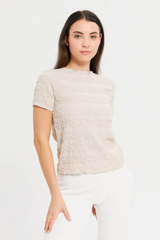 Women Beige Textured T-Shirt sold by Redtag