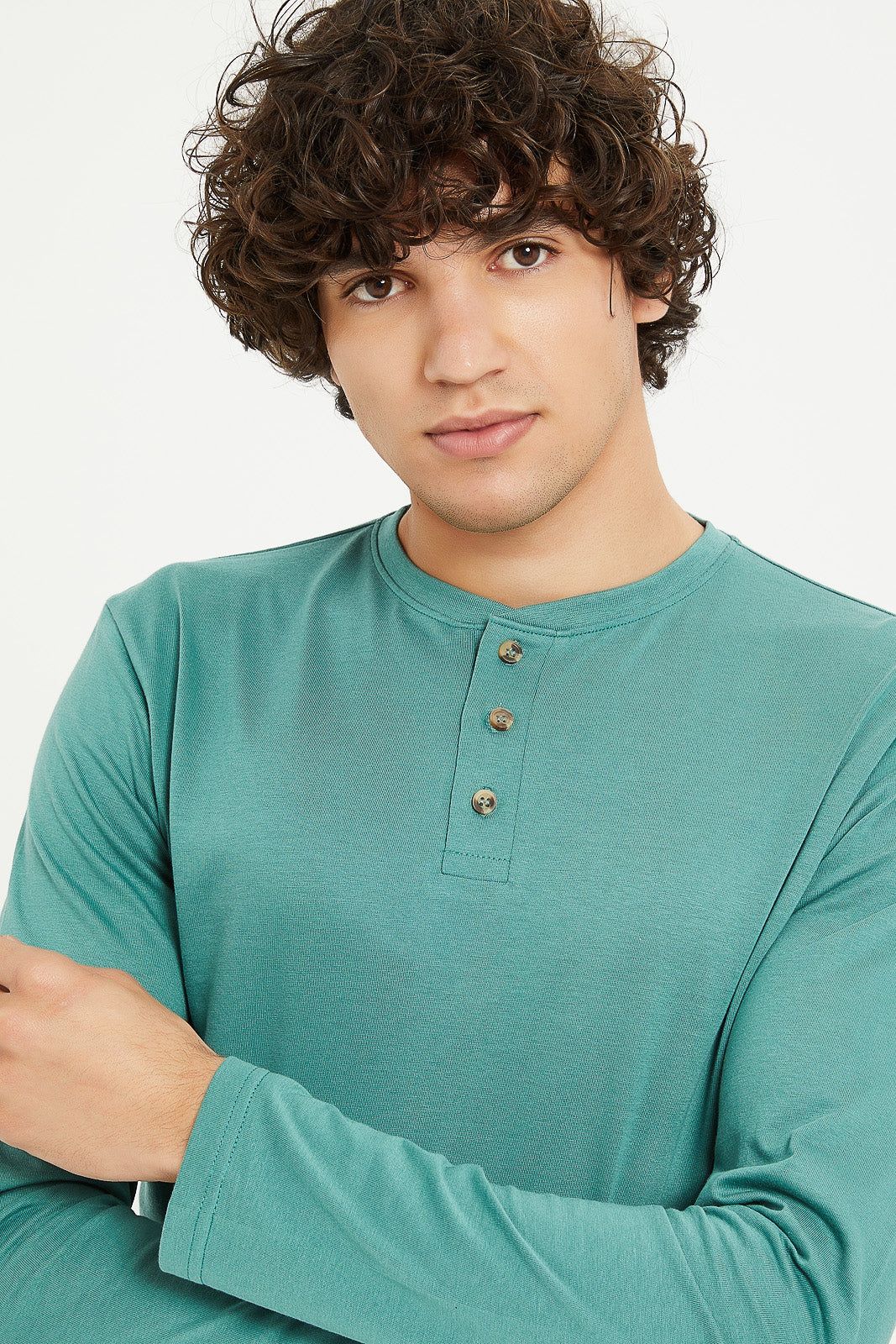 Men Green Long Sleeve Henley Shirt sold by Redtag product image thumbnail 4